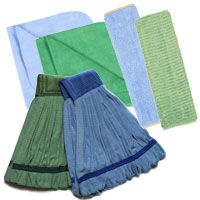 Microfiber products such as towels and mop headers